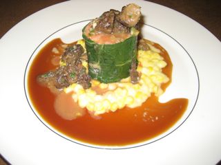 Duck breast roulade with creamed corn and morel mushroom sauce Duck breast roulade with creamed corn and morel mushroom sauce